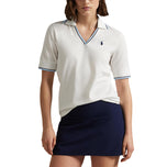 RLX Ralph Lauren Wanita V Leher Tour Pique Polo Polo - Seramik Putih/Tentera Laut Tentera/Sutton Blue