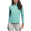 IBKUL Women&#39;s Josie Long Sleeve Zip Mock Neck Shirt - Turquoise/Lime