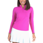 IBKUL 女式純色長袖拉鍊小高領襯衫 - 亮粉色