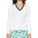 Golftini Fashion Wanita V -Neck Sweater - White/Kelly Green